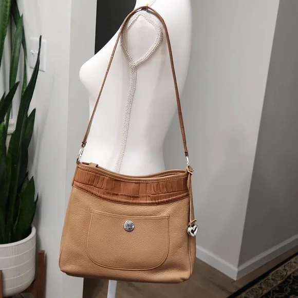 Brighton Pebbled Leather Crocodile Embossed Shoulder Handbag Purse Brown Camel - Picture 5 of 17